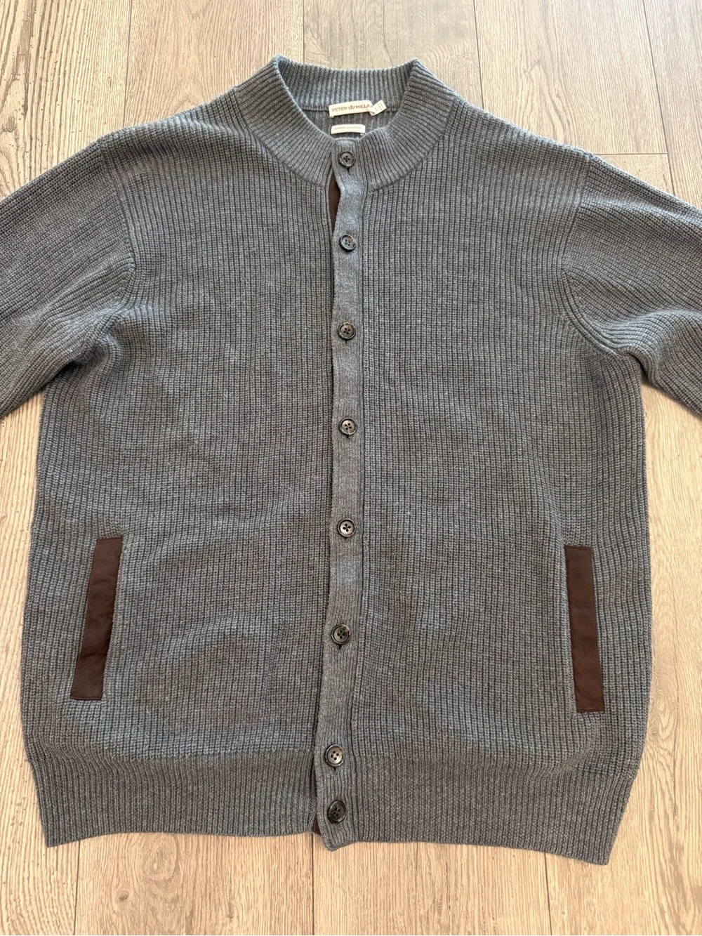 Peter Millar Grey Wool Cardigan Brown Elbow Patches Men’s Size: Large Sweater